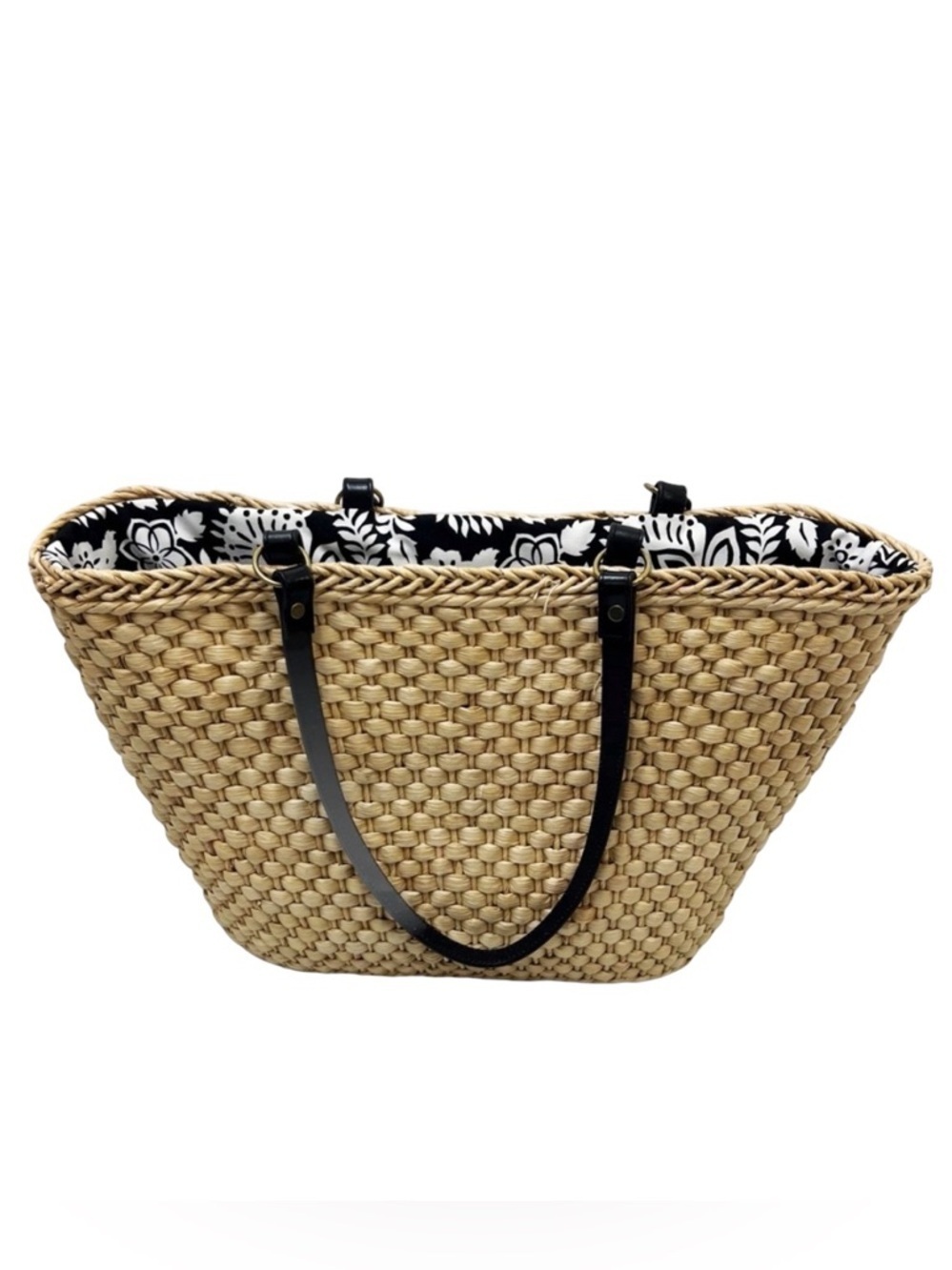 Ann Taylor Tan Woven Straw Medium Tote Bag with Black White Lining Black Strap